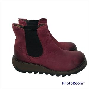 Fly London Women’s Wine Colored Suede Chelsea Boots, Sz 6.5